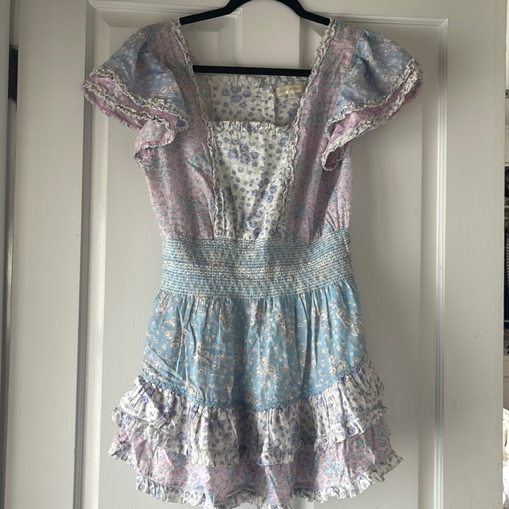 loveshackfancy Stanton Mini dress purple blue and white size XS